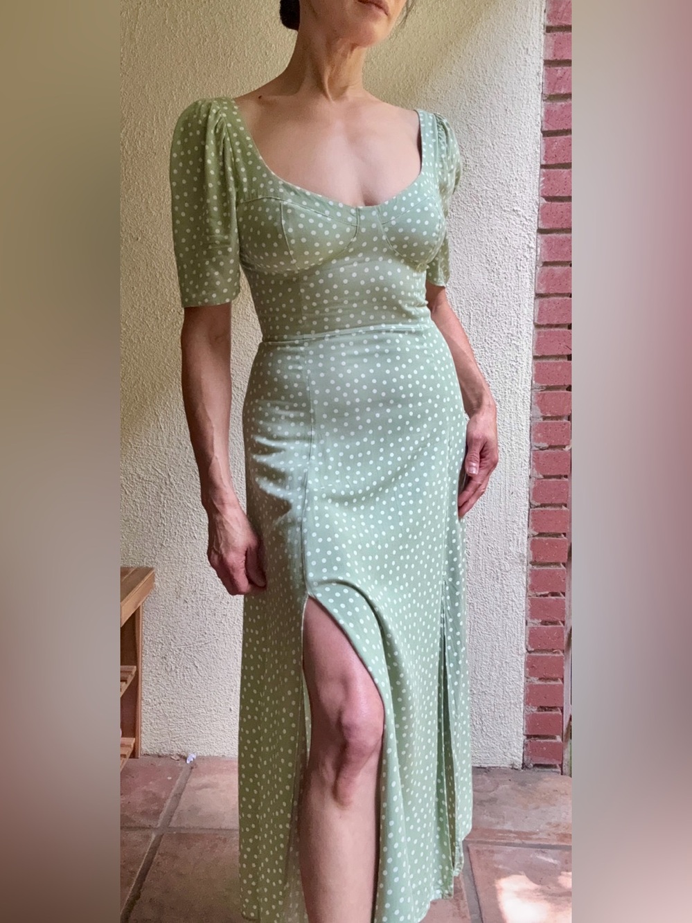 ASOS Sage Green Polka Dot Midi Dress with 2 Slits, Size 4